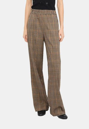 Pantaloni a gamba larga in un motivo a scacchi marrone e nero, dotati di una vita elasticizzata e di un tessuto leggero per il massimo comfort.