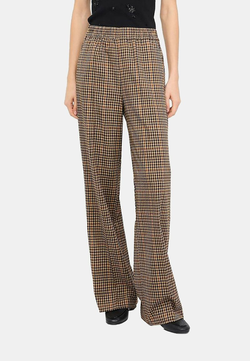 Pantaloni a gamba larga in un motivo a scacchi marrone e nero, dotati di una vita elasticizzata e di un tessuto leggero per il massimo comfort.