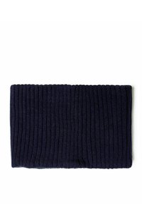 Dunkelblaues gestricktes Kopfband mit Rippstruktur. Weiches, elastisches Material, das die Ohren bequem bedeckt. Einfaches, vielseitiges Accessoire.