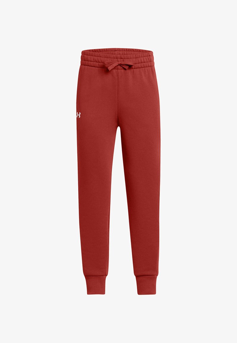 Røde sweatpants lavet af blødt stof, med en elastisk talje og snor, tilspidsede manchetter og et lille logo på venstre lår.