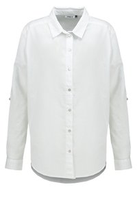Chemise blanche à manches longues en tissu léger, dotée d'un col classique, de manches à boutons et d'une coupe droite.