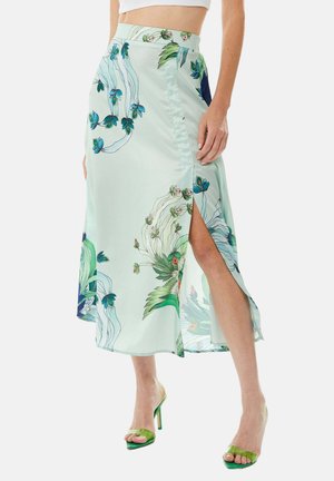 Light green satin skirt with floral pattern, high slit on one side, and a fitted waist. Accented with colorful floral details and a smooth texture.
