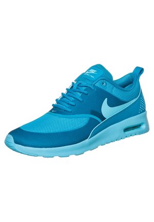Blue Nike Air Max Thea sneaker with mesh upper, lace-up design, and visible air cushion in sole, angled to show outer side.
