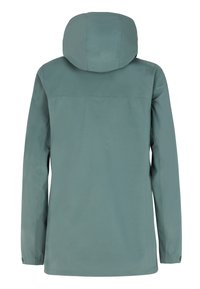 Eine türkisfarbene wasserdichte Jacke mit Kapuze, langen Ärmeln und glatter Textur. Das Design umfasst Nahtdetails und einen geraden Schnitt.