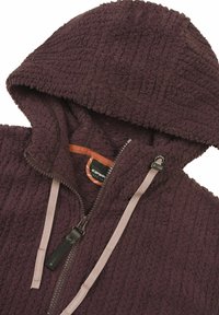 Tummanlila fleece-huppari, jossa on teksturoidut kankaat, etuvetoketju ja vaaleanbeiget nauhat hupussa.