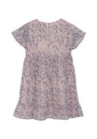 Blumendruckkleid mit kurzen, schwingenden Ärmeln, weichem, rosafarbenem Stoff, lockerer Passform, gerafftem Taillenbereich und abfallendem Saum. Hat ein Schlüssellochausschnitt auf der Rückseite.
