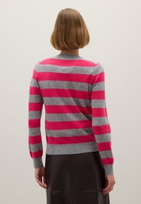 Strickpullover mit rosa und grauen horizontalen Streifen, Rundhalsausschnitt, langen Ärmeln und gerippten Bündchen, von hinten präsentiert.
