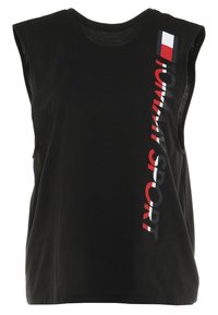 Top sportivo nero senza maniche con logo verticale "Tommy Sport" in rosso, bianco e nero sul lato destro.