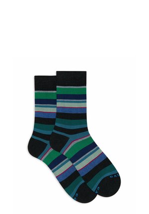 Gestreifte Socken aus Baumwollmischung. Enthalten verschiedene Farben: Grün, Blau, Marineblau, Grau und Schwarz mit roten Akzenten. Knielang.