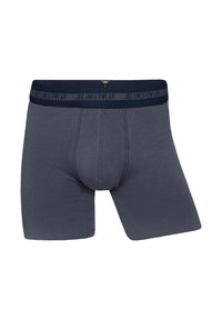 Dark grey boxer briefs made of soft, stretchy material. Features a branded navy waistband and a defined pouch with no visible seams.