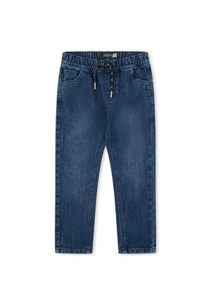 Pantalones para niños pequeños de mezclilla azul oscuro con cintura elástica, cordón, bolsillos laterales y detalles de lavado desgastado.