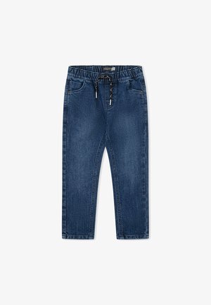 Pantalones para niños pequeños de mezclilla azul oscuro con cintura elástica, cordón, bolsillos laterales y detalles de lavado desgastado.