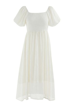Weißes Midikleid mit Puffärmeln, quadratischem Ausschnitt, tailliertem, gerafftem Oberteil und fließendem, gerafftem Rock.