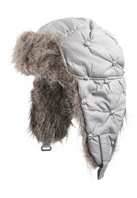 Quilted gray winter trapper hat with faux fur lining and ear flaps, secured by an adjustable strap.