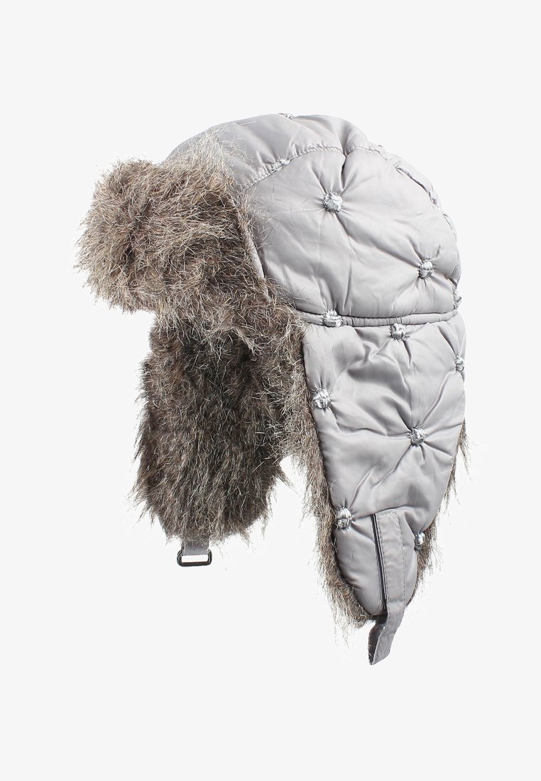Quilted gray winter trapper hat with faux fur lining and ear flaps, secured by an adjustable strap.