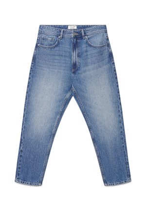 Jeans in denim azzurro chiaro con vestibilità rilassata, caratterizzati da cinque tasche, chiusura con zip, cuciture a contrasto e una leggermente effetto sbiadito.