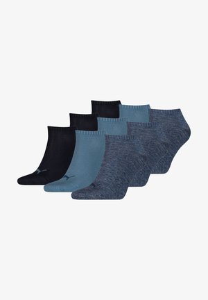 Set aus sechs Knöchelsocken in Dunkelblau- und Schwarztönen. Mit gerippten Bündchen, strukturierten Mustern und Logo-Akzenten an der Seite.