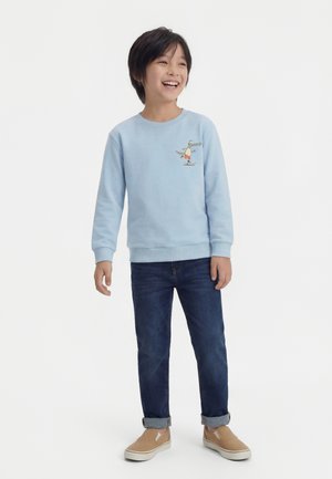 Smilende dreng iført lyseblå sweatshirt med tegneserieprint, mørke opkrogede jeans og beige slip-on sko stående på hvid baggrund.
