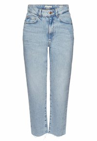 Jeans taille haute bleu clair avec une coupe droite. Fabriqués en denim avec une texture délavée, présentant une fermeture éclair et un bouton à l'avant. Ourlet effiloché.