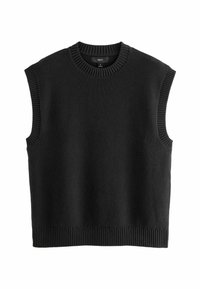 Schwarzer gestrickter ärmelloser Pullover mit runden rippigen Halsausschnitt, strukturiertem Körper und geripptem Saum an den Armausschnitten und am unteren Rand.