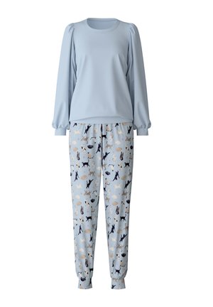 Maglietta a maniche lunghe di colore azzurro chiaro con spalle a palloncino abbinata a pantaloni del pigiama con motivo che presenta varie illustrazioni di animali su uno sfondo azzurro chiaro.