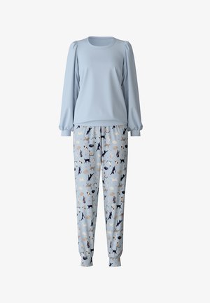 Maglietta a maniche lunghe di colore azzurro chiaro con spalle a palloncino abbinata a pantaloni del pigiama con motivo che presenta varie illustrazioni di animali su uno sfondo azzurro chiaro.