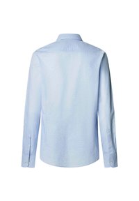 Lichtblauw overhemd met lange mouwen en een button-down kraag, van textuurstof, met knopen bij de manchetten. Heeft een geruit patroon over het hele shirt.