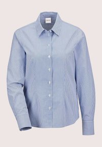 Blue and white striped button-up shirt, long sleeves, crisp collar, and white buttons. Made of lightweight fabric with a smooth texture.