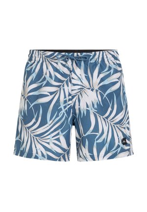 Costumi da bagno blu e bianchi con un motivo a foglie tropicali, dotati di una vita elastica, cordoncino e patch con logo laterale.