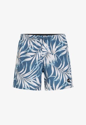 Kąpielówki w niebiesko-białym kolorze z tropikalnym wzorem liści, z elastyczną talią, sznurkiem ściągającym oraz boczną naszywką z logo.