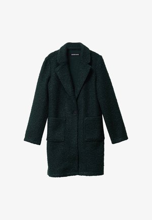 Manteau vert foncé texturé en matériau épais et duveteux. Présente un col cranté, une fermeture à un bouton et deux poches à l'avant.