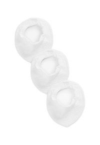 Three white cotton bibs with a rounded shape and snap closure. The texture is soft with a subtle grid pattern.