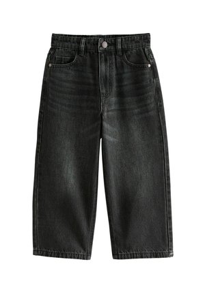 Pantalon en denim noir cropped avec bouton avant, passants de ceinture et cinq poches, présenté sur fond blanc.
