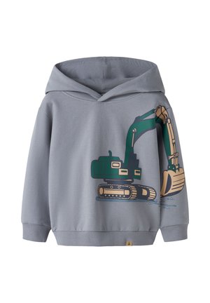 Sweat à capuche gris pour enfants avec un motif d'excavatrice vert et beige s'étendant de la poitrine à la manche droite.