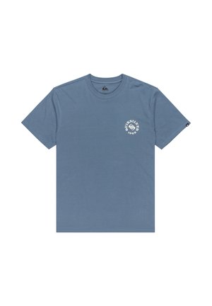 Blauwe katoenen t-shirt met ronde hals, voorzien van een wit cirkelvormig logo op de linkerborst en een merklabel op de linker mouw.