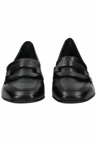 Black leather loafers with a pointed toe. Features two horizontal straps across the vamp, smooth texture, and a low profile sole.