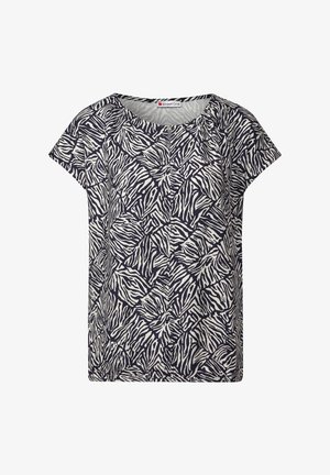 Korte mouwen blouse in marineblauw en wit, met een zebra-bladerenpatroon. Gemaakt van een lichte stof met een ronde halslijn en een comfortabele pasvorm.