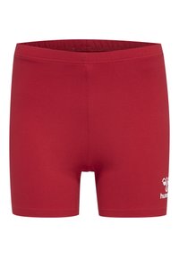 Rote Stretch-Shorts aus Stoff mit einem breiten elastischen Bund, versehen mit einem kleinen weißen Logo auf der unteren linken Seite. Glatte Textur, Oberschenkellänge.