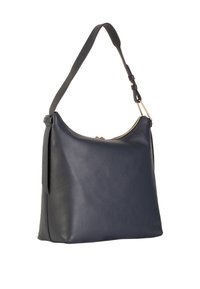 Czarna skórzana torba na ramię o teksturowej powierzchni, ze złotym zamkiem błyskawicznym i jedną regulowaną rączką; charakteryzuje się miękkim, dobrze uformowanym kształtem.