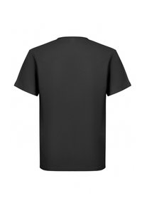Camiseta negra de manga corta vista desde la parte de atrás, con cuello redondo y corte estándar.