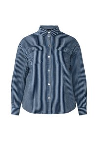 Camicia a righe blu e bianche con colletto, due taschini sul petto e maniche lunghe. Realizzata in un tessuto testurizzato.