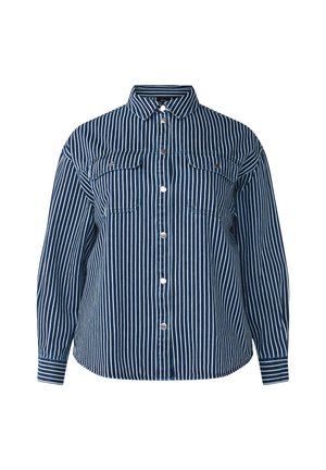 Blau-weiße gestreifte Hemd mit Kragen, zwei Brusttaschen und langen Ärmeln. Aus einem strukturierten Stoff gefertigt.