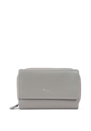 Gray leather wallet with a smooth texture, zip closure, and flap. Features embossed branding on the front and a sleek rectangular shape.