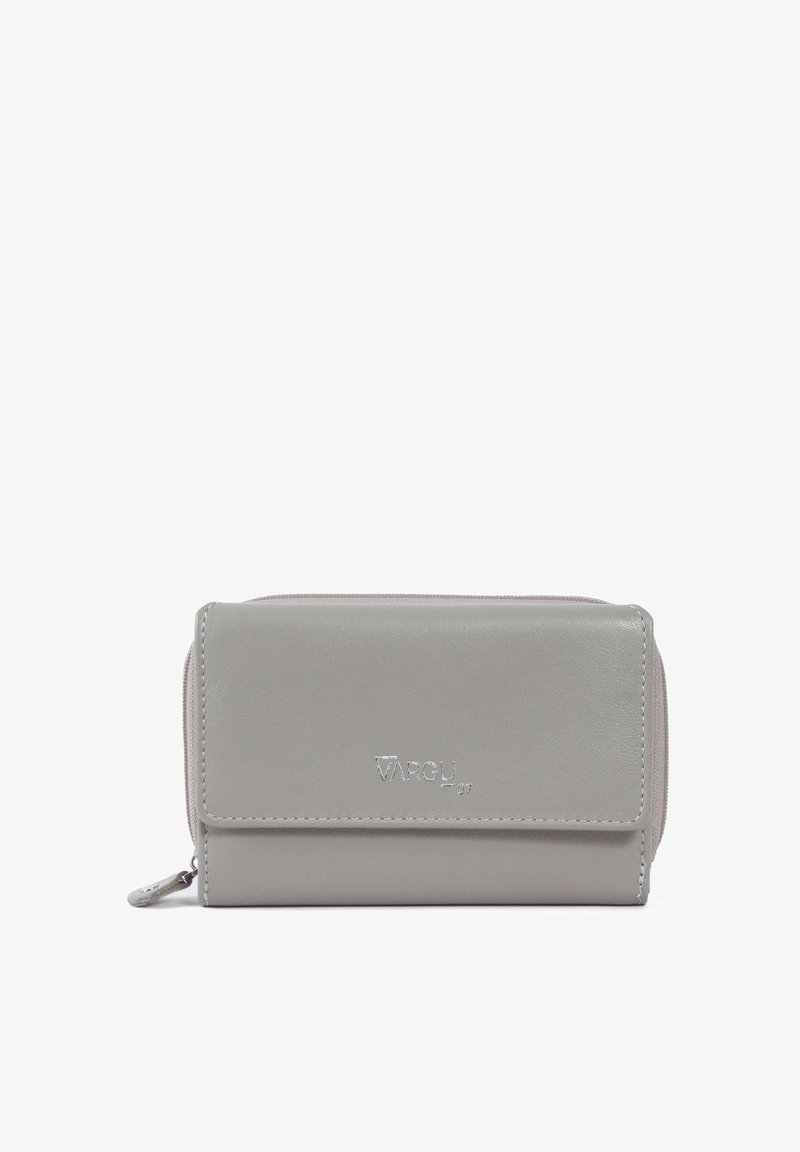 Gray leather wallet with a smooth texture, zip closure, and flap. Features embossed branding on the front and a sleek rectangular shape.
