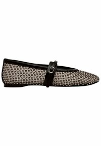 Black and beige mesh ballet flats featuring a pointed toe, ankle strap with buckle, and a textured honeycomb pattern on the surface.