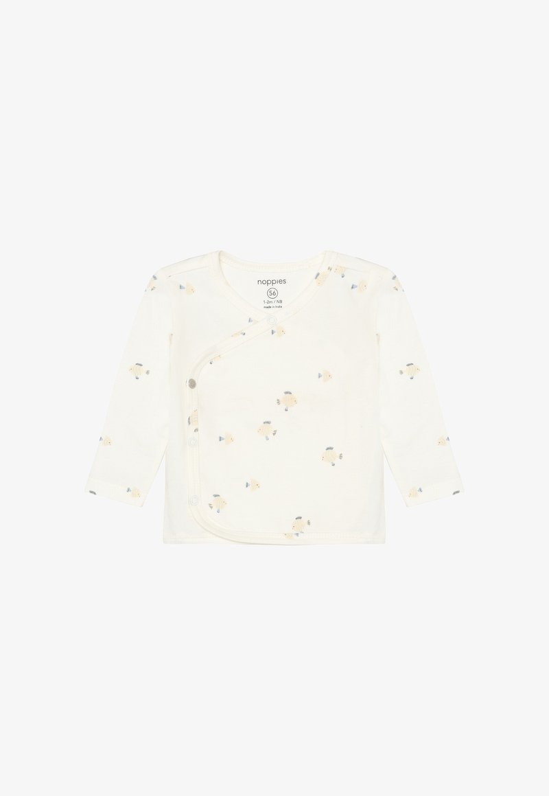 Chemisette kimono pour bébé de couleur crème, à manches longues, avec des boutons-pression et un petit motif de poissons jaunes et bleus.