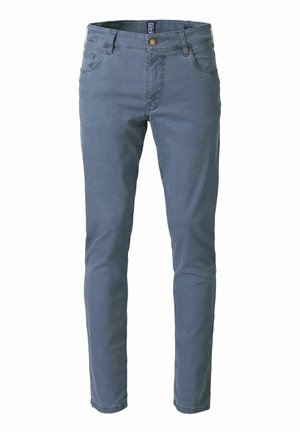 Lichtblauwe katoenen jeans met een slim fit, vijf zakken en een knoopsluiting. Heeft subtiele stiksels en een gladde textuur.