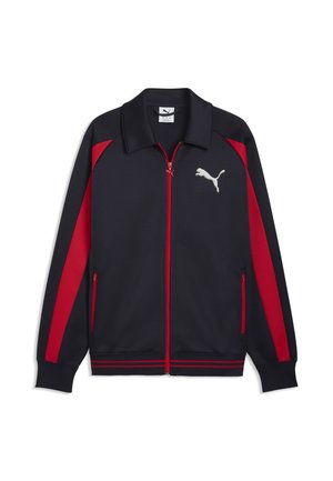 Schwarze Trainingsjacke mit Reißverschluss, roten Streifen an den Ärmeln und Reißverschlüssen, gerippten Bündchen und Saum sowie weißem Puma-Logo auf der linken Brust.