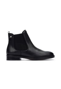 Stivali Chelsea in pelle nera con pannelli elastici laterali, punta rotonda, tacco piatto e una piccola linguetta sul retro per una facile calzata.
