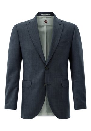 Dunkelgrauer Herrenblazer mit zwei Knöpfen, Ansteckrevers, Pattentaschen und hellgrauem Innenfutter, frontal dargestellt.